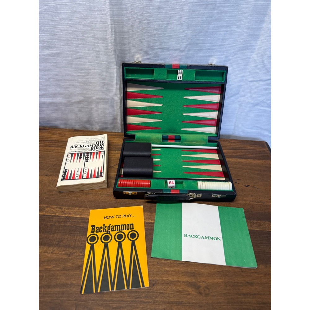 Vintage 1970s Backgammon Set Red Green Stripe Briefcase Complete French Rules